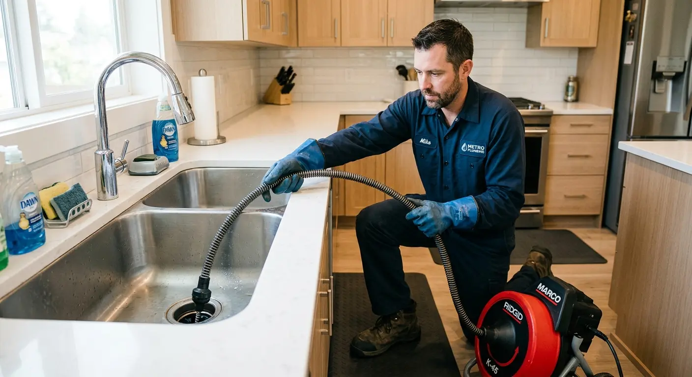 Drain cleaning technician using a motorized snake on a kitchen sink in North Haven