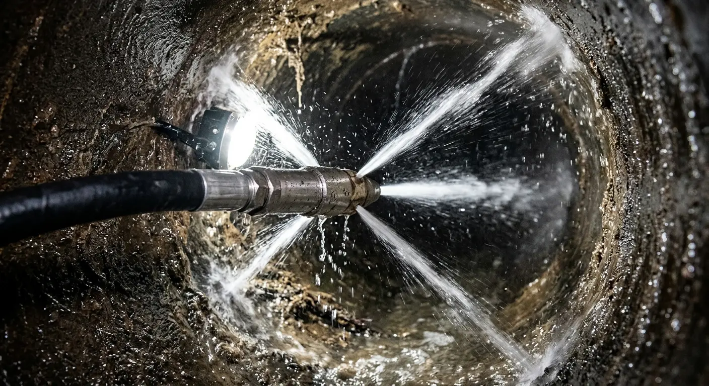High-pressure hydro jetting nozzle cleaning sewer pipe for Emergency Drain Service in North Haven