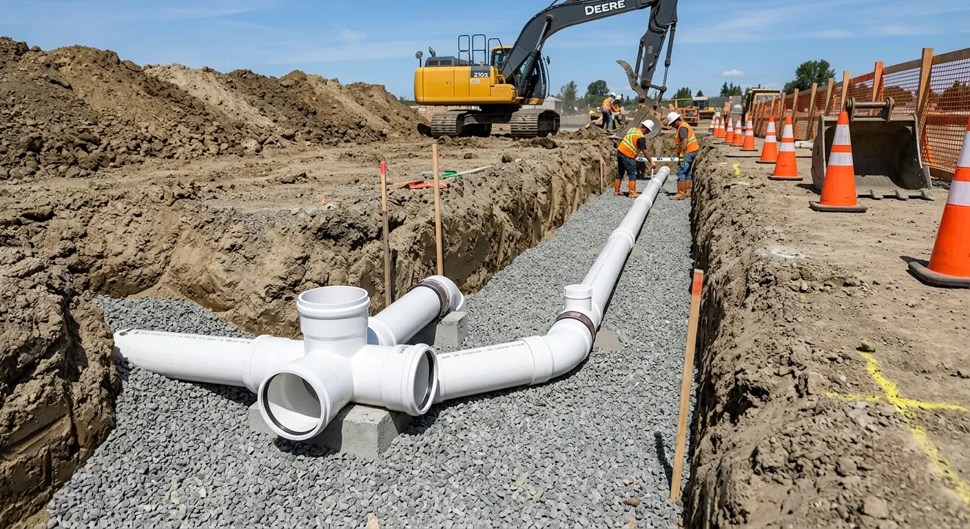 New PVC sewer pipe installation in open trench for Commercial Drain Cleaning in North Haven