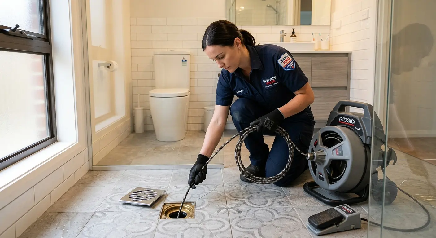 Technician clearing a bathroom floor drain for Sewer Line Replacement in North Haven